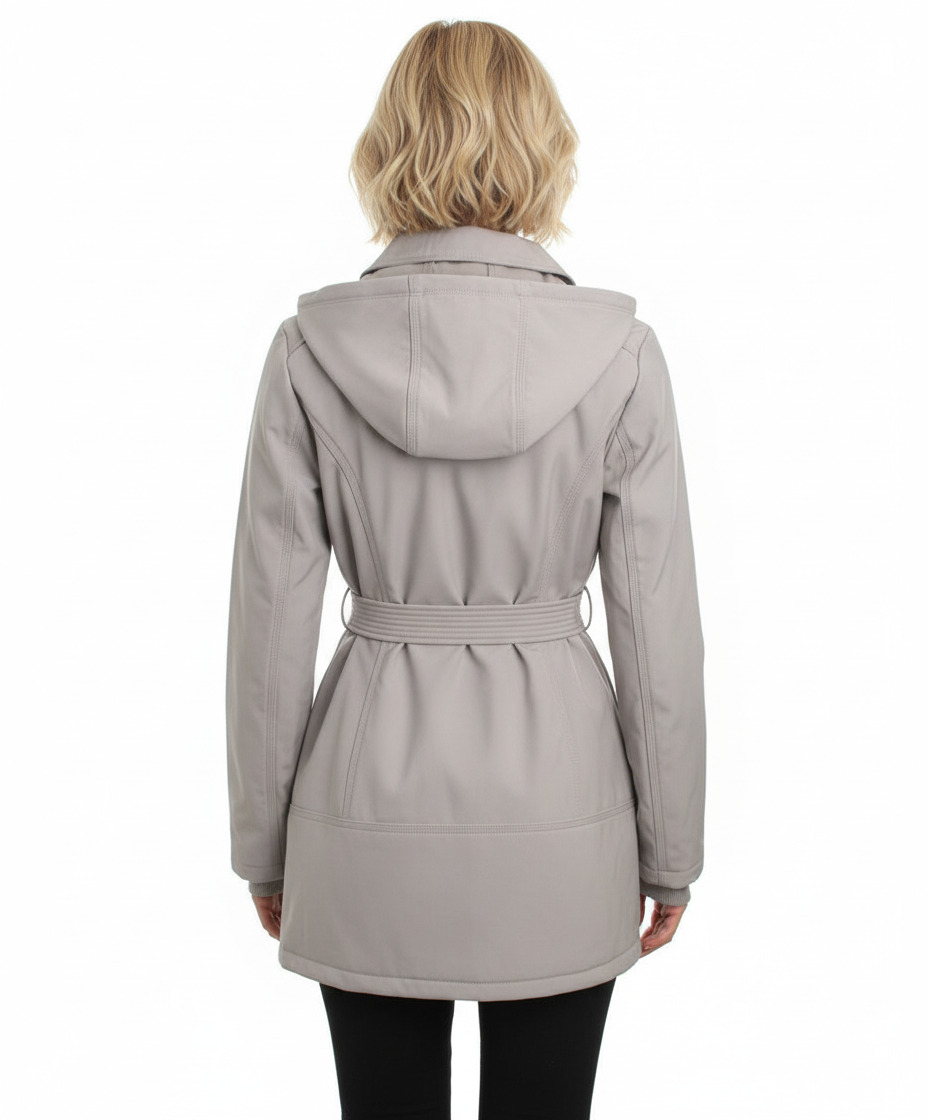Jessica Simpson Double Breasted Hooded Soft-Shell Coat with Waist Tie