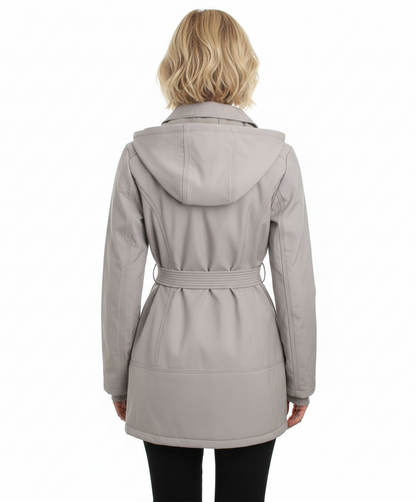 Jessica Simpson Double Breasted Hooded Soft-Shell Coat with Waist Tie
