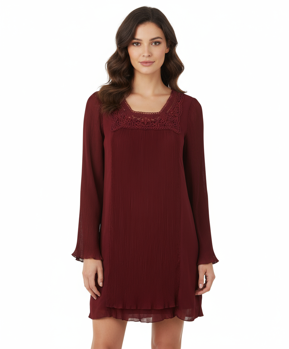 Monoreno Pleated Dress with Crochet Neckline