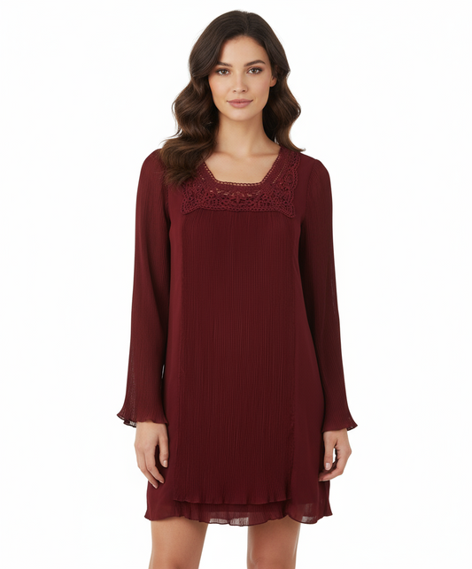 Monoreno Pleated Dress with Crochet Neckline
