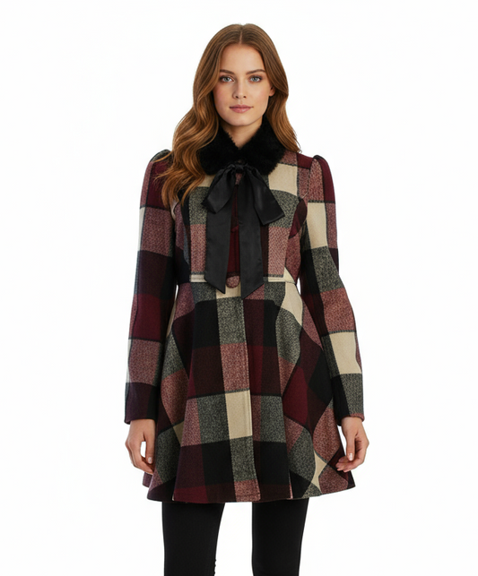 Ryu: Plaid Wool Jacket With Faux Fur Scarf, Burgundy