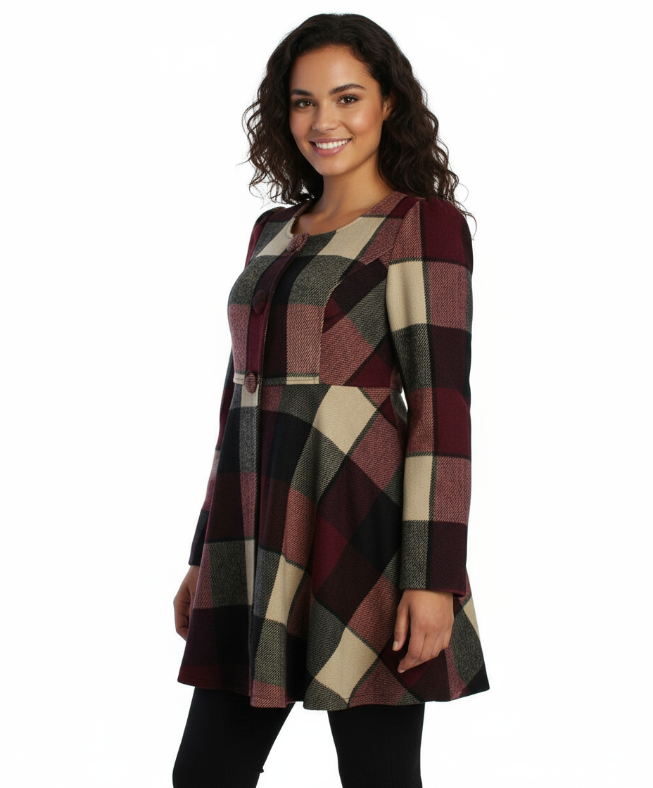 Ryu: Plaid Wool Jacket With Faux Fur Scarf, Burgundy