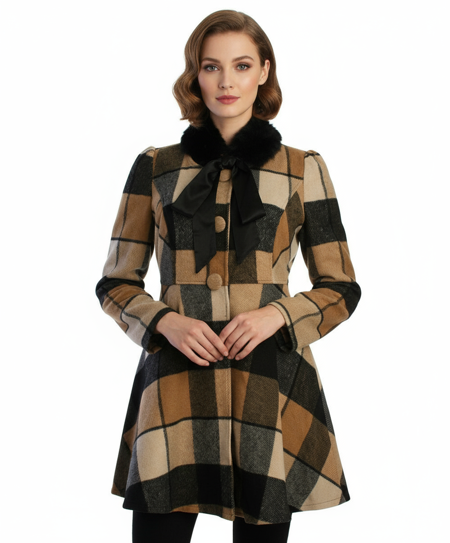 Ryu: Plaid Wool Jacket With Faux Fur Scarf, Camel