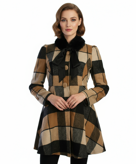 Ryu: Plaid Wool Jacket With Faux Fur Scarf, Camel