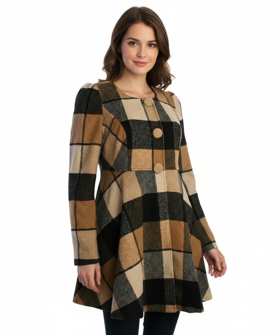 Ryu: Plaid Wool Jacket With Faux Fur Scarf, Camel