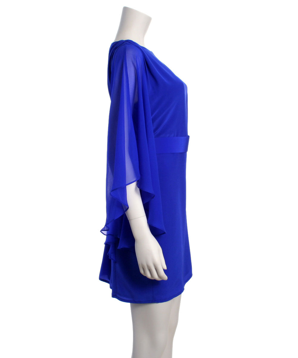 suzi chin dress silk Suzi Chin for Maggy Boutique Red Cape Ruffle Sleeve Belted Silk Dress