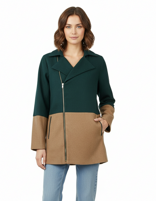 Ya Color Block Coat with Gold Asymmetrical Zipper