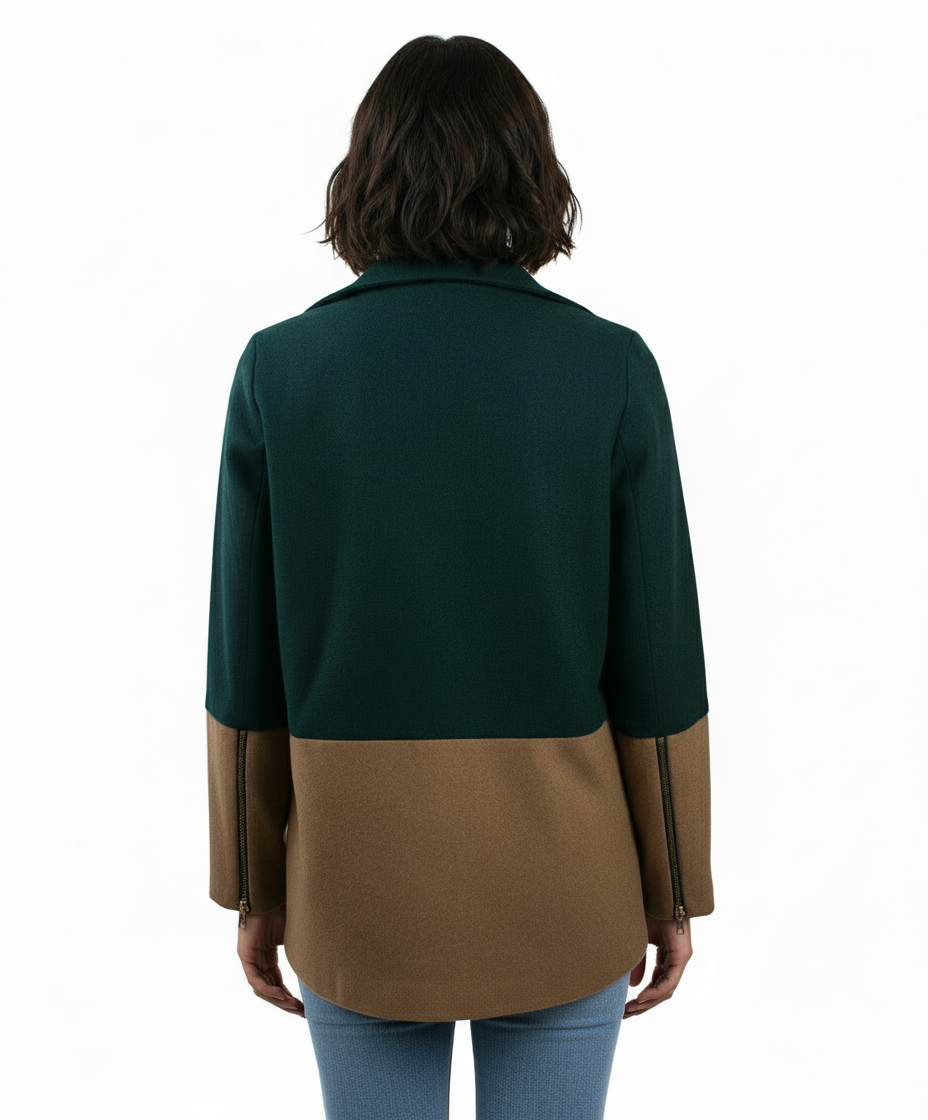 Ya Color Block Coat with Gold Asymmetrical Zipper