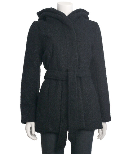 Coffeeshop Hooded Boucle Coat with Waist Tie